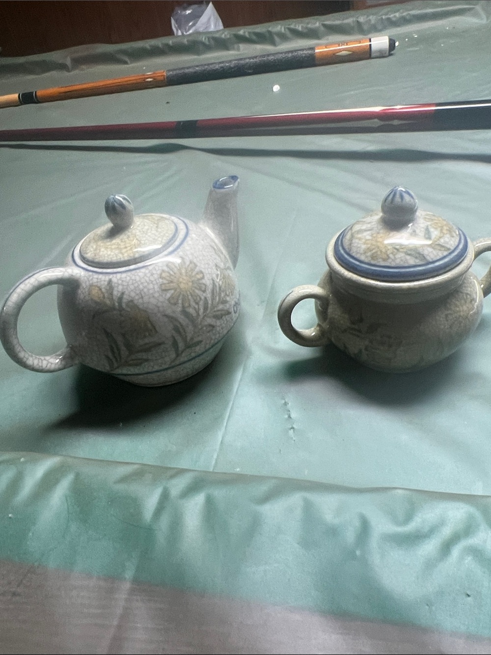 Vintage Hand-Painted Ceramic Teapot and Sugar Bowl Set - Blue Accent